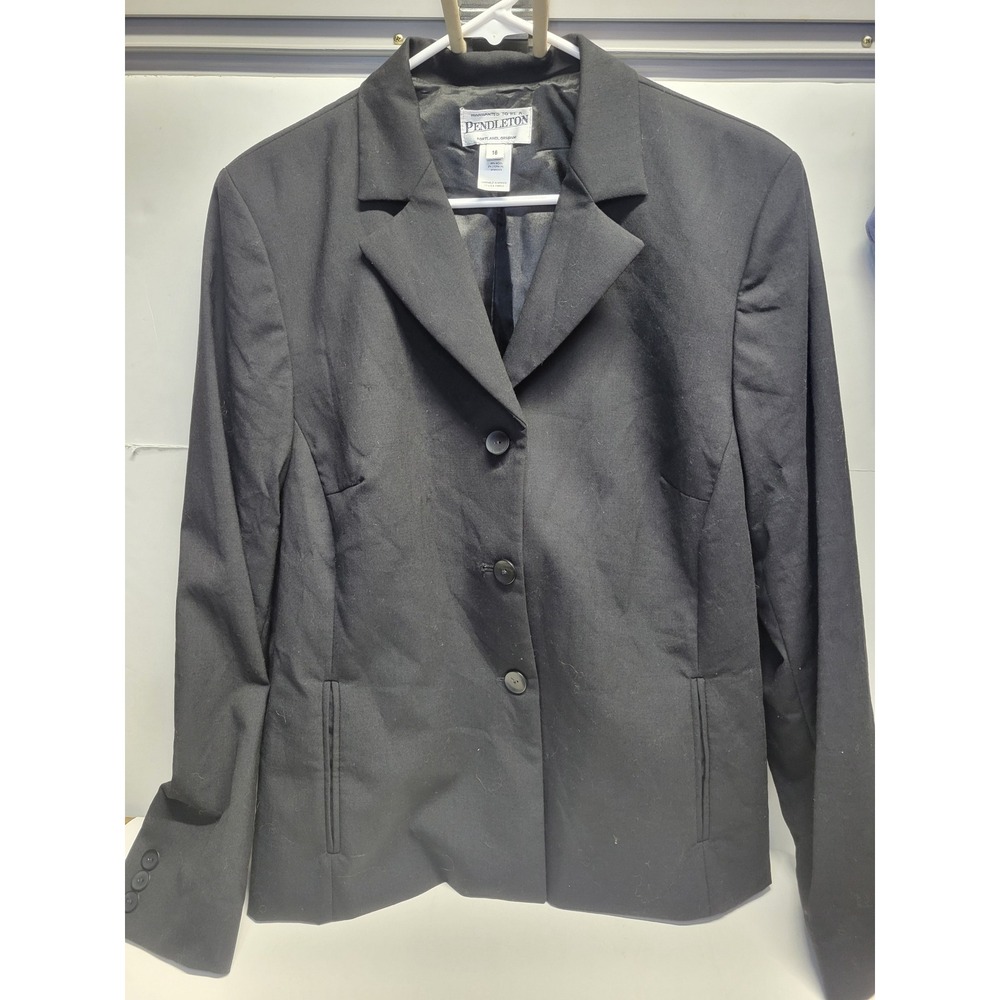 Vtg Pendleton Womens Black Wool Blend Blazer Jacket Career Professional Size 16